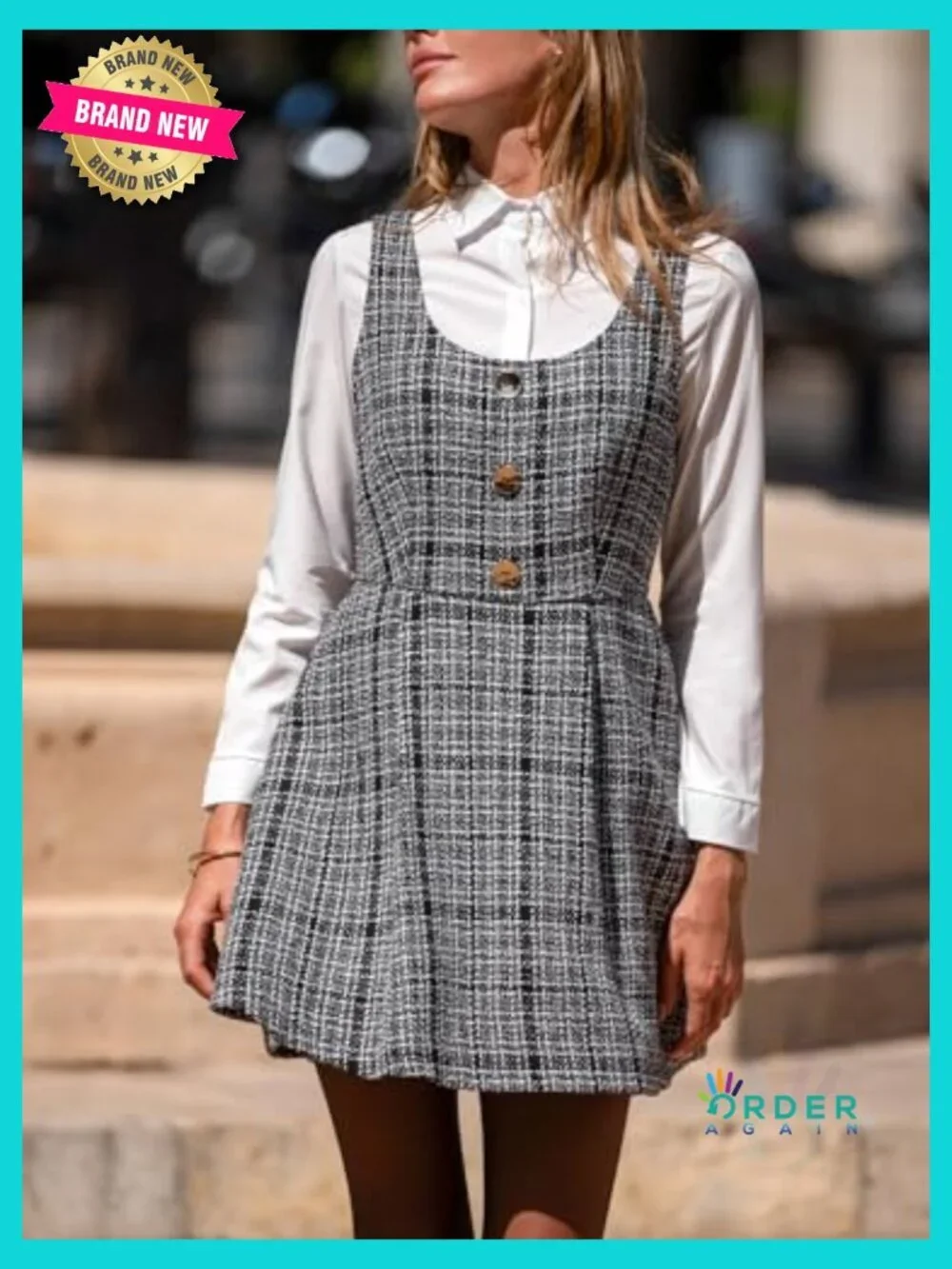 Mini Overall Dress Scoop Neck Plaid Sleeveless A Line Cute Fall Pinafore